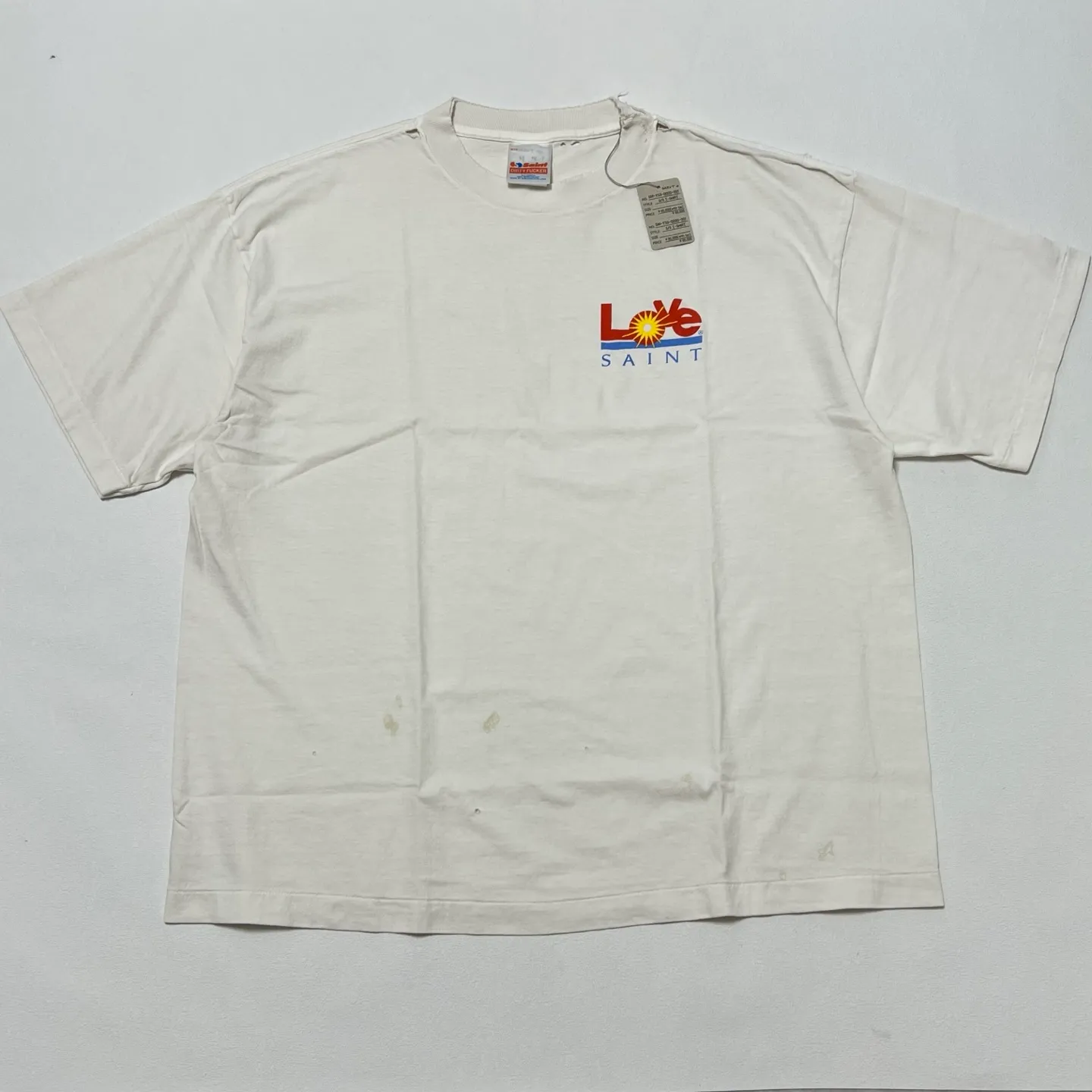 SAINT Mxxxxxx 25SS LOVE_SS TEE/WHT LOVE little sun destroyed washed distressed short sleeves off-white S-XL rainbow OE yarn original version consistent tube woven side seam fabric re-washed distressed craftsmanship of cut and damaged holes hand-made graffiti splashed ink original consistent main mark/wash mark/little angel anti-counterfeiting mark